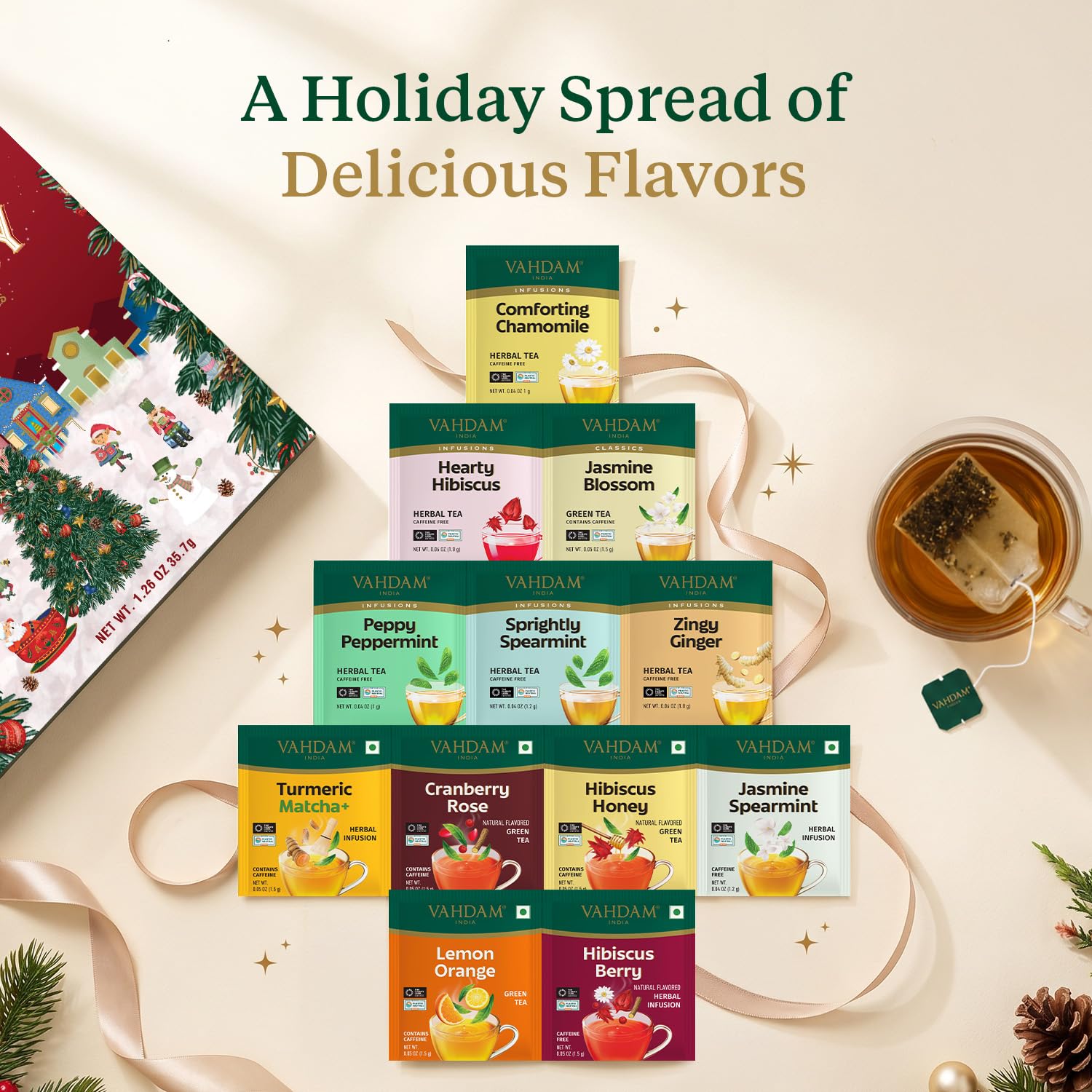 Foldable Advent Teas of Joy 24 Unique Tea Bags for Xmas