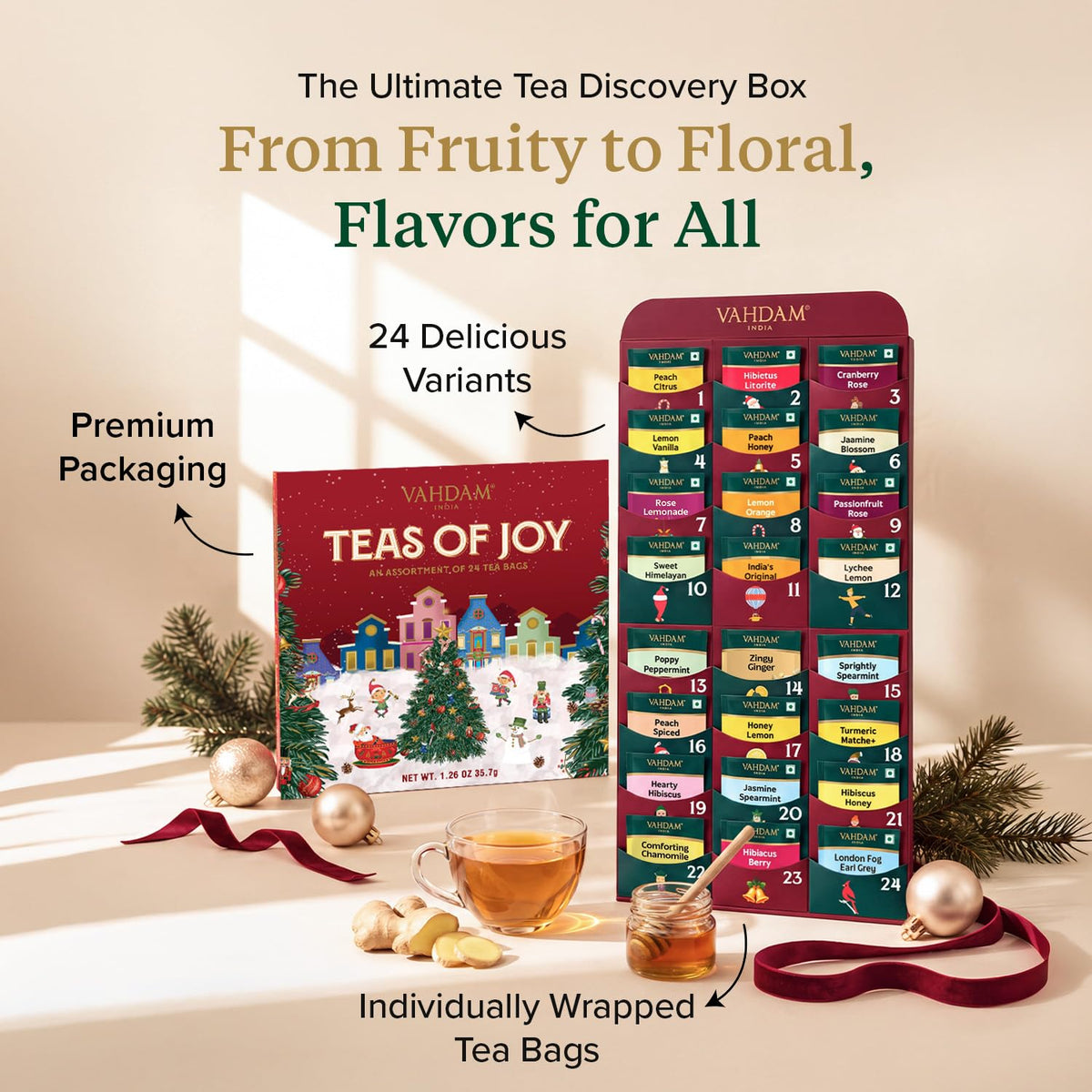 Foldable Advent Teas of Joy 24 Unique Tea Bags for Xmas