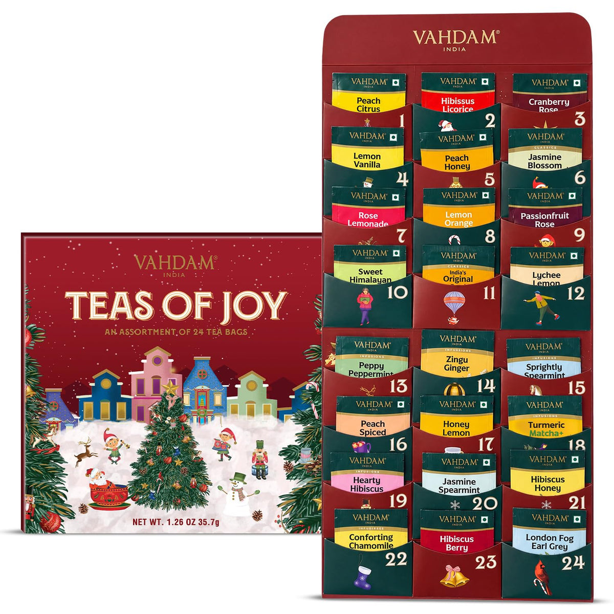 Foldable Advent Teas of Joy 24 Unique Tea Bags for Xmas