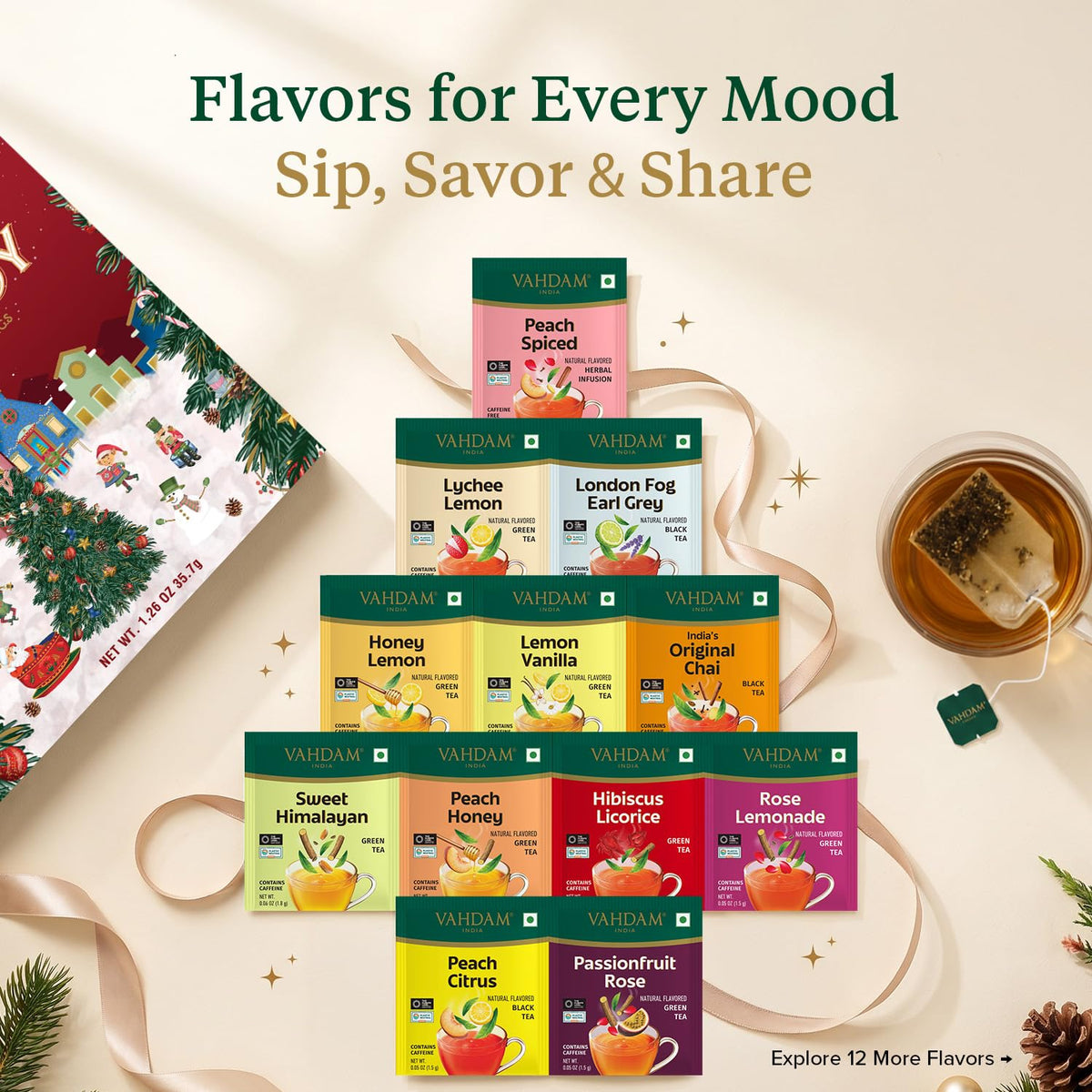 Foldable Advent Teas of Joy 24 Unique Tea Bags for Xmas