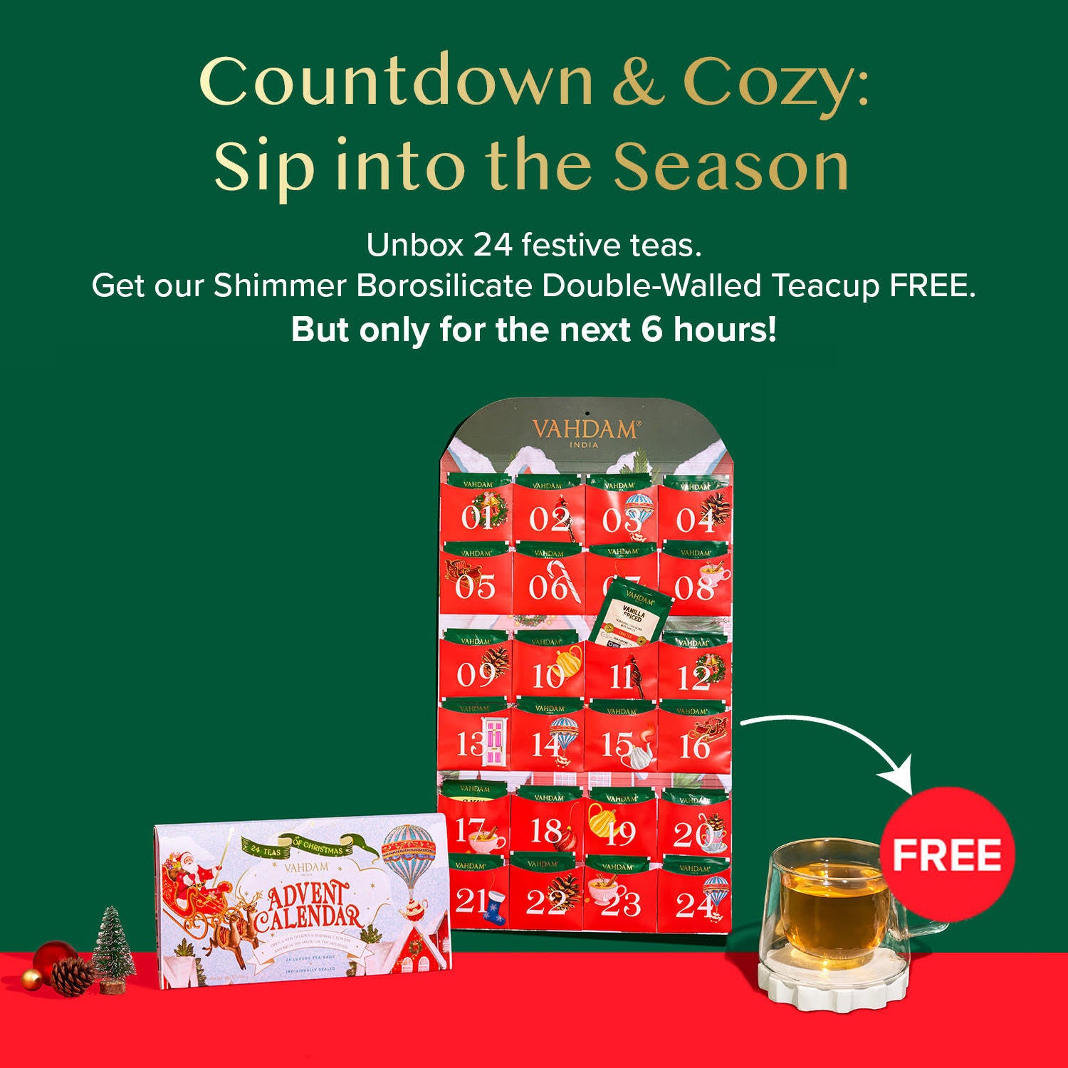 Black Friday Only | Foldable Advent Calendar Tea Gift, 24 Teas, 1.69 Oz, 48g With Free Shimmer Cup