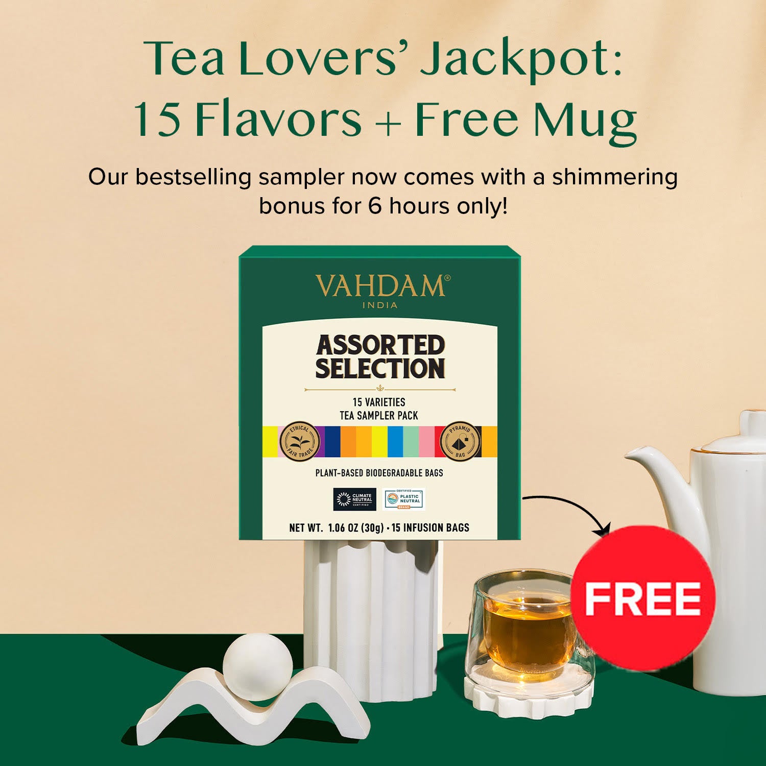 Black Friday Only | Assorted Selection Tea Sampler, 15 Variants With Free Shimmer Cup