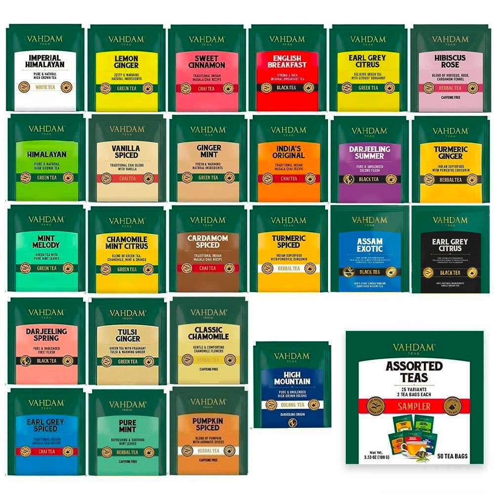 Assorted Tea Bags Sampler, (50 Pyramid Tea Bags) 25 Flavors