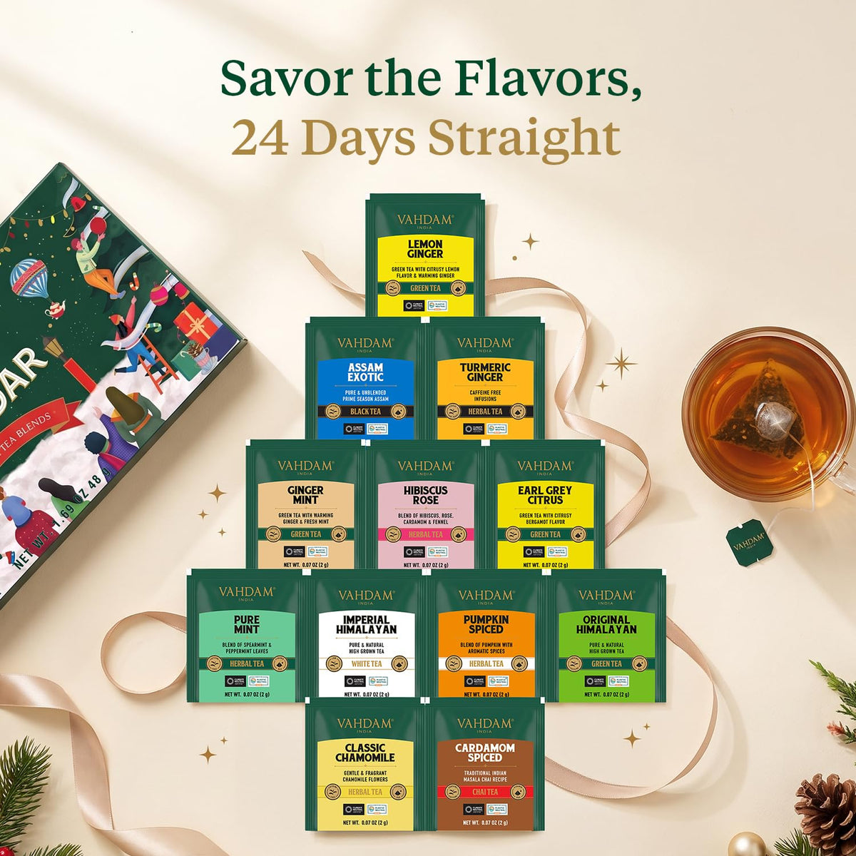 Foldable Advent Calendar Tea Gift, 24 Teas, 1.69 Oz, 48g