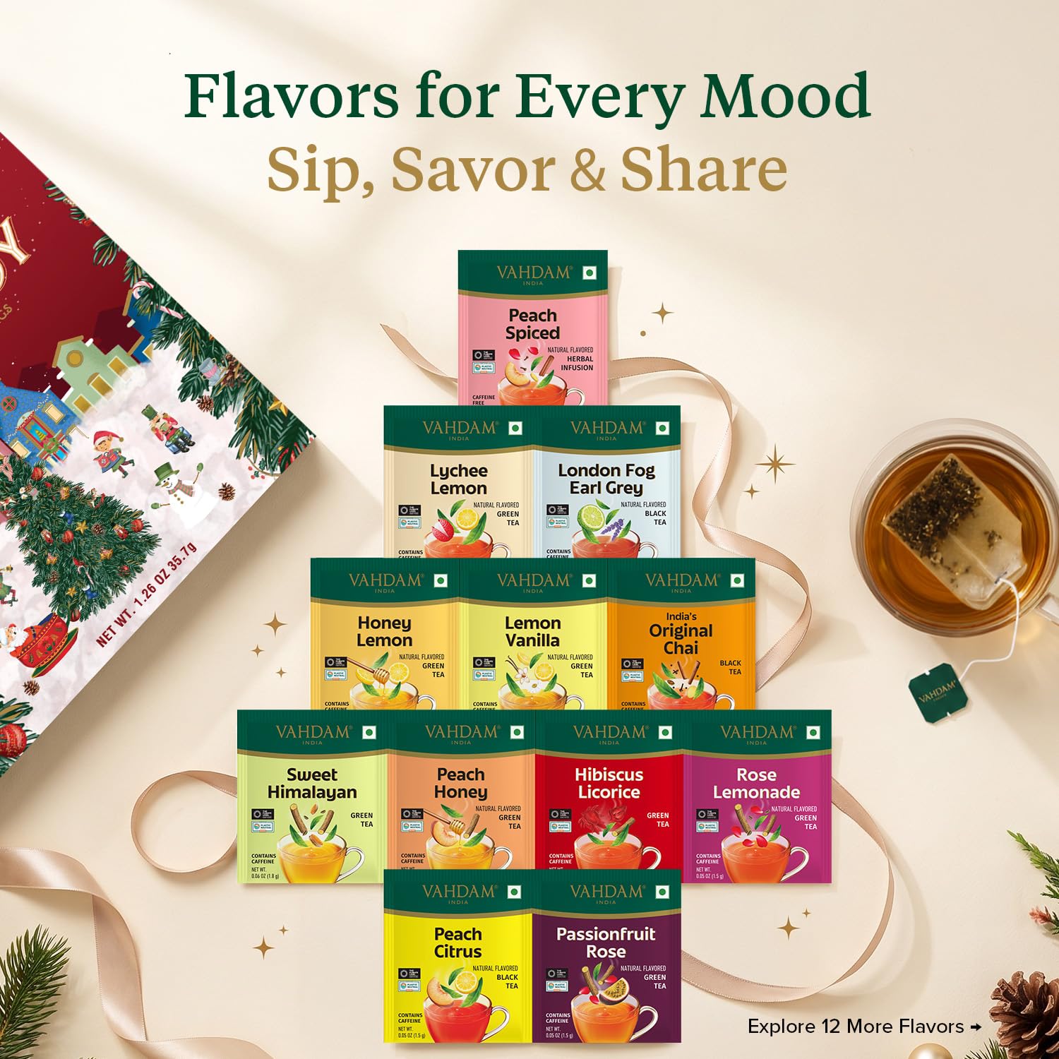 Foldable Advent Teas of Joy 24 Unique Tea Bags for Xmas