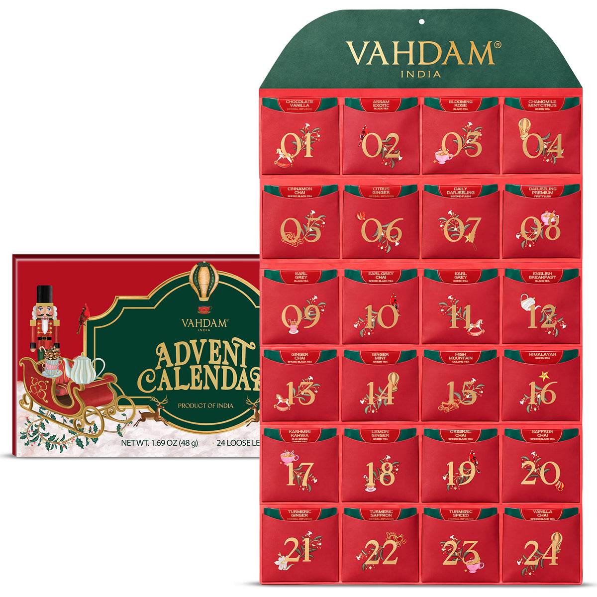 Foldable Advent Calendar Tea Gift, 24 Loose Leaf Teas, 1.69 Oz, 48g
