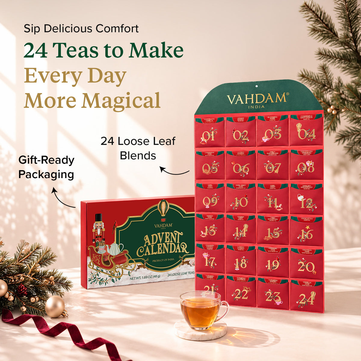 Foldable Advent Calendar Tea Gift, 24 Loose Leaf Teas, 1.69 Oz, 48g