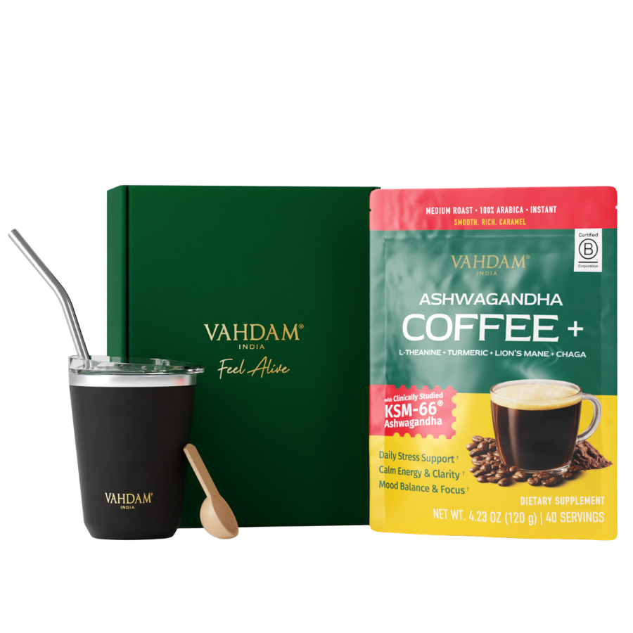Vahdam India coffee package with a black mug and spoon on a white background