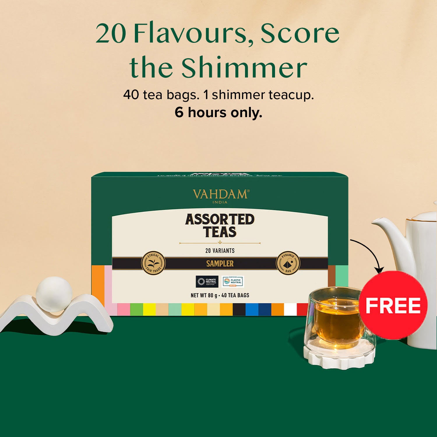 Black Friday Offer | Assorted Tea Bags Sampler, (40 Pyramid Tea Bags) With Free Shimmer Cup