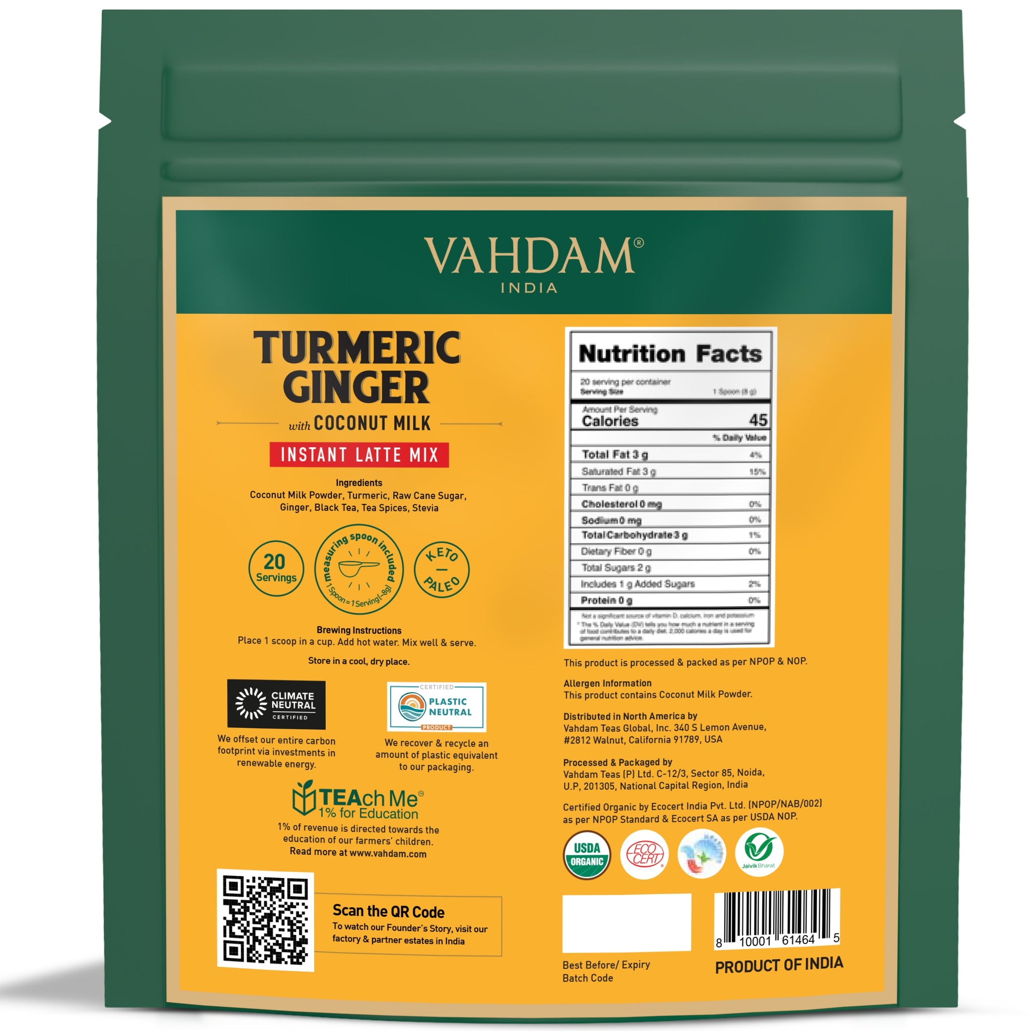 Turmeric Ginger Chai Latte, Instant Mix, 5.64 oz VAHDAM® USA