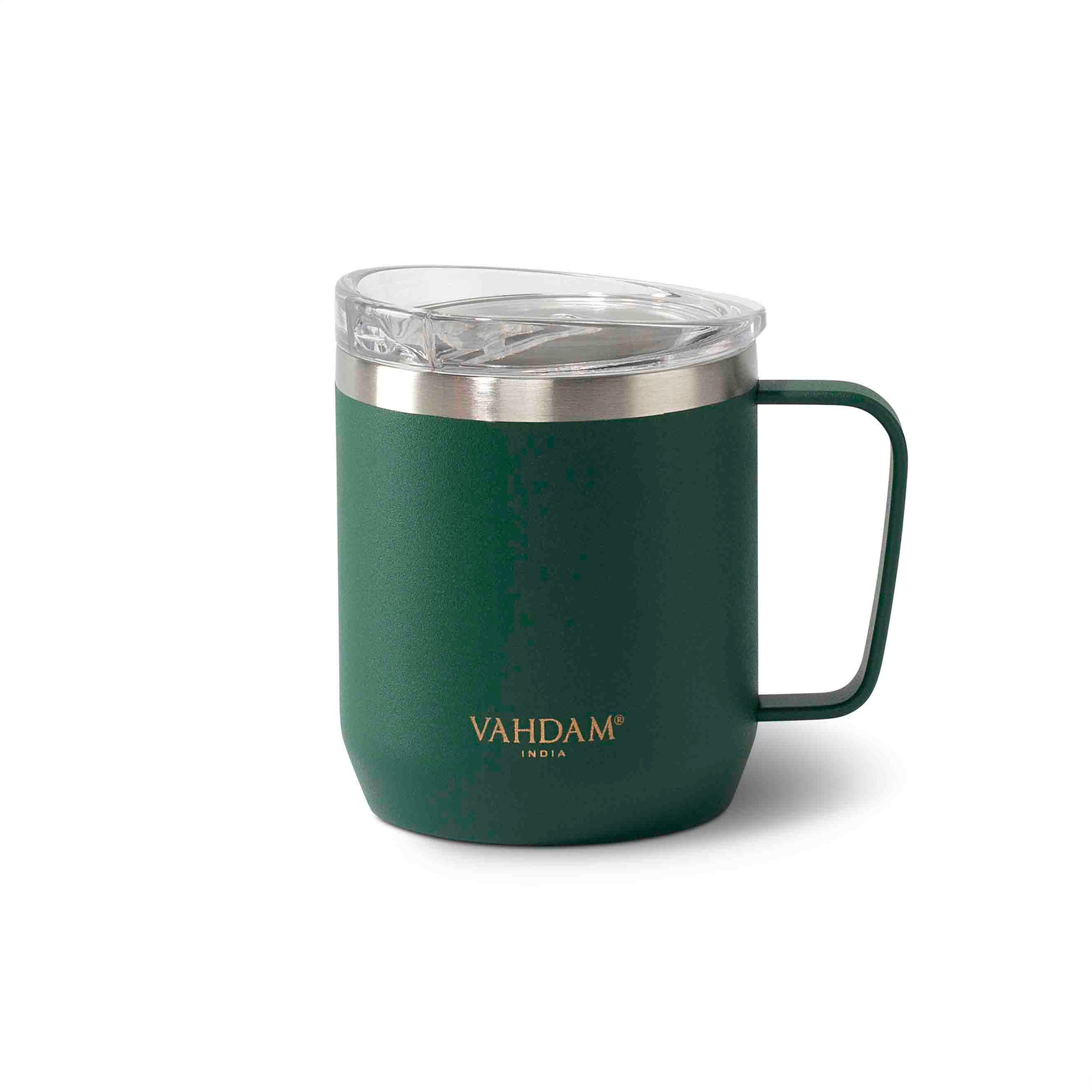 Vahdam, Stainless Steel Coffee Mug with Handle (300ml/10.1oz) - Green | Vacuum Insulated, Double Wall, Sweat-proof Mug with Slider Lid for Hot and Co